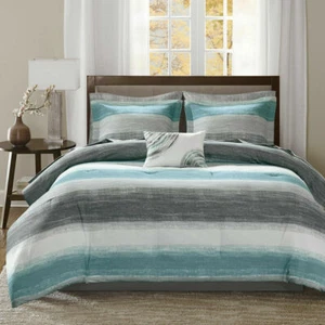 NEW! ~ ULTRA SOFT MODERN BLUE TEAL AQUA ABSTRACT GREY COMFORTER SET & SHEETS - Picture 1 of 4