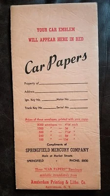 CARPETA PAPELES COCHE VINTAGE AÑOS 60 Springfield Mercury Company Foto 1 de 3