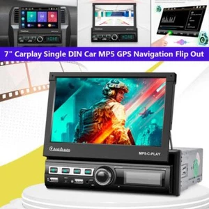 Carplay Single DIN 7" Car Player Stereo MP5 GPS Flip Out Touch Screen FM Radio - Picture 1 of 8
