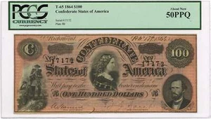 1864 $100 Confederate States of America Note T-65 PCGS AU 50 PPQ - Picture 1 of 2