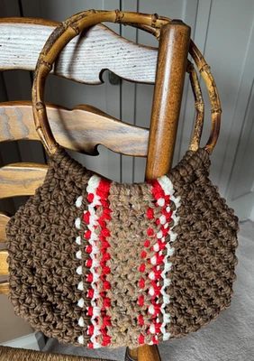 Cartera de macramé vintage con auténticas asas de bambú Foto 1 de 4