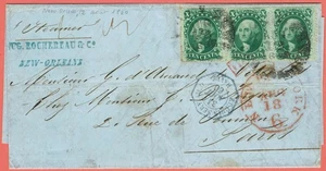 [8014] USA 1860 Scott#35 10c Green Strip of 3 on cover from New Orleans to Paris - Picture 1 of 5