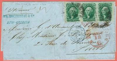 [8014] USA 1860 Scott#35 10c Green Strip of 3 on cover from New Orleans to Paris - Image 1 of 4