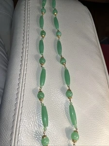 "Collar de Colección Marcado Hong Kong 36"" Piedras Verdes Imitación Jade Tono Dorado Hilo Único" - Imagen 1 de 9