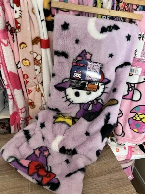Hello Kitty Witch Halloween Throw Blanket 50x70" Purple Faux Rabbit Fur - Image 1 of 2