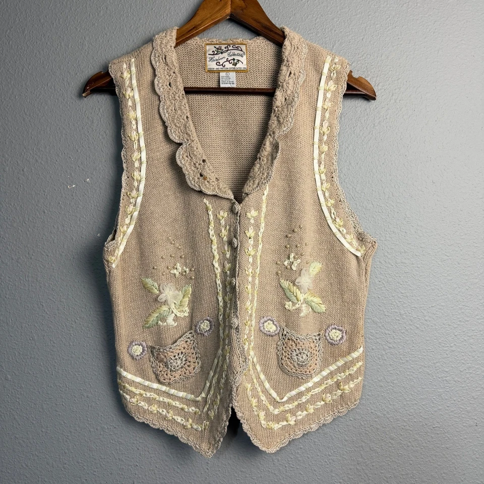 Vintage Heirloom Collectibles Embroidered Floral Knit Vest Grannycore L Beige - Image 1 of 4