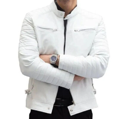 BOMBER Biker New Men's White Jacket 100% Soft Lambskin Moto Biker Coat jacket - Image 1 of 4