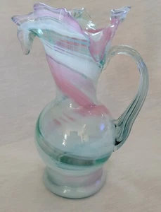 Vintage Hand Made Blown Glass Ozark Glass Multi Color Swirl Ruffle Pitcher - Picture 1 of 13