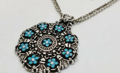 BRIGHTON Necklace Medallion Turquoise Flower Layered Dual Chain Reversible 18" - Image 1 of 4