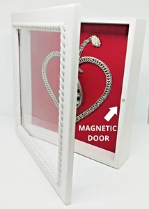 Recycled Jewellery Art Picture. Box Frame with Silver Locket and Chain, Sparkly - Picture 1 of 8