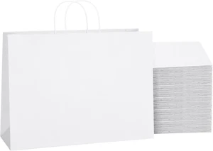 White Paper Bags with Handles 16x6x12, 25 Pack Large Kraft Paper Bags Bulk - Picture 1 of 12