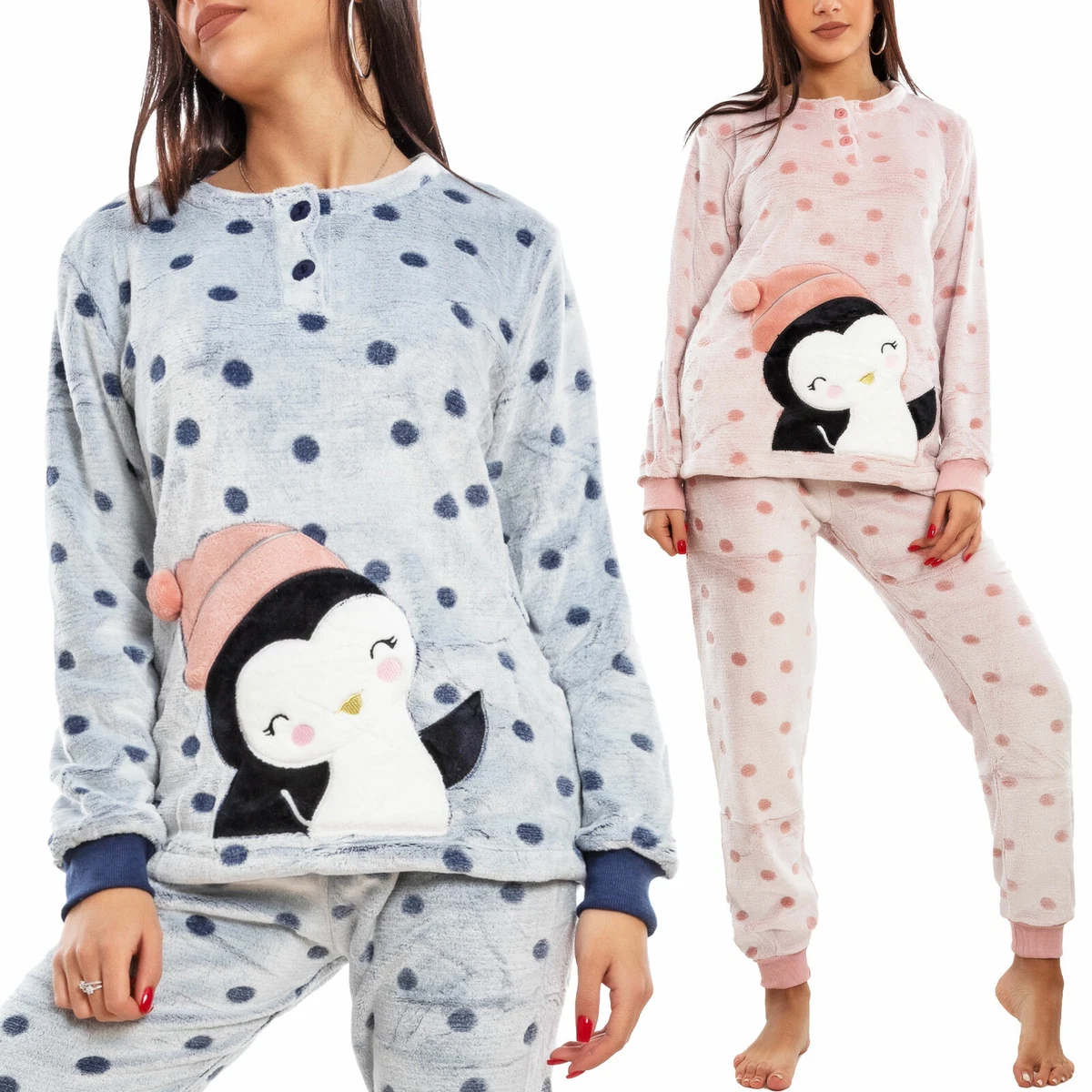 Damen Frottee Pyjama Langarm Mit Pinguin-Motiv – Kuscheliger Schlafanzug, 80% Baumwolle, Ökotex 100