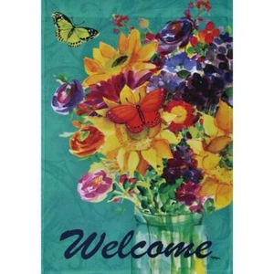 JAR OF FLOWERS WELCOME 12.5" X 18" GARDEN FLAG 11-3224-195 RAIN OR SHINE SPR - Picture 1 of 2