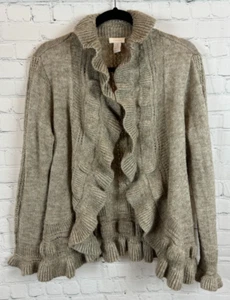 CHICO'S natural gray wool blend frill open front knit cardigan sweater size 3 XL - Picture 1 of 8