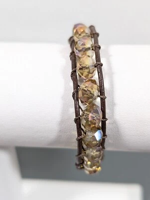 Pulsera de cuero Beachy Boho Coastal beige AB cuentas de vidrio facetado 6,5 pulgadas Foto 1 de 4