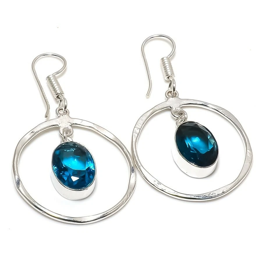 London Blue Topaz Gemstone Handmade 925 Sterling Silver Jewelry Earring Sz 1.6" - Image 1 of 1