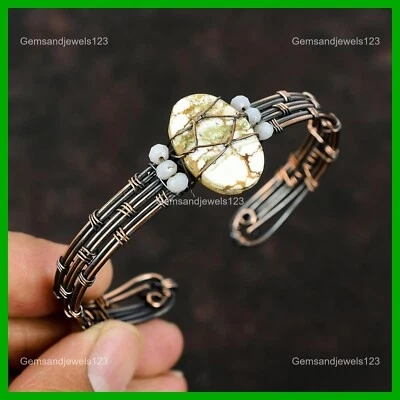 Copper Oval Wild Horse Magnesite Gemstone Blue Lace Agate Beads Bangle Jewelry - Imagem 1 de 4