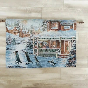 NICKY BOEHME HOLIDAY PENGUIN TAPESTRY WALL art ILLUMINATES 36in x 26in Christmas - Picture 1 of 6
