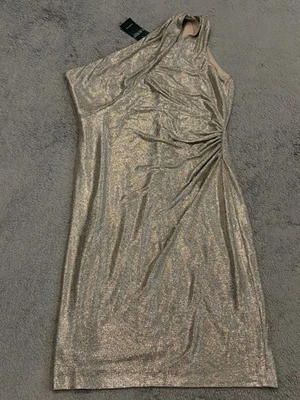 NWT Lauren Ralph Lauren Evening Dress Size 12 Gold One Shoulder Shimmer Ruche - Image 1 of 4