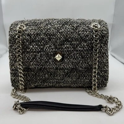 KATE SPADE Natalia Gris Tweed Plata Solapa Bolso de Hombro Cartera Cadena Bloqueo Giratorio Foto 1 de 4