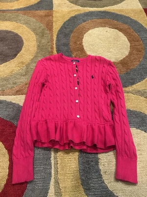 Polo Ralph Lauren Cable Tejido Algodón Peplum Cárdigan Suéter Rosa Caliente Niños Mediano Foto 1 de 4