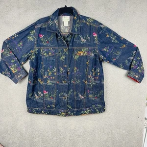 Quacker Factory 1X Floral Beaded Embroidery Blue Jean Denim Jacket Oversize - Picture 1 of 15