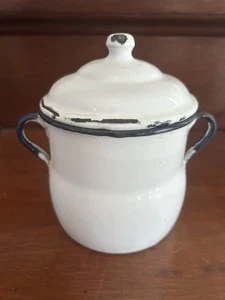 Rustic Vintage White Graniteware Sugar Bowl Black Trim Blue Handles Q.M.C. - Picture 1 of 7