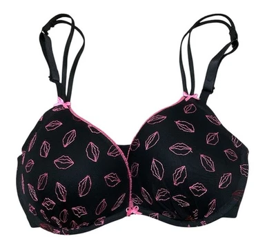 Betsey Johnson Black Pink Lips Lace Push Up Bra 32DD - Image 1 of 4