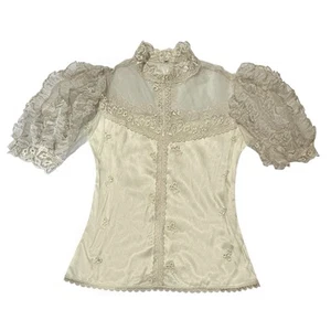 DEADSTOCK NWT VICTORIAN CREAM WHITE PUFF SLEEVE LACE 1970s BLOUSE TRUE VINTAGE M - Picture 1 of 8