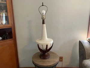 Vintage 1960er Vulkan Popcorn Keramik & Holz Tischlampe MCM Mid Century Lg 30" - Bild 1 von 11