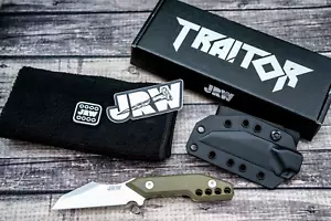 JRW Gear Traitor Wharncliffe, Stonewashed Magnacut, OD Grn G10, Blk Kydex Sheath - Picture 1 of 5