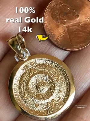 GOLd 14k Aztec Pendant SOLID azteca calendar mayan charm necklace gift  small - Image 1 of 4