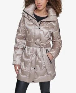 NWT Karl Lagerfeld Paris BELTED ZIG ZAG SHORT PUFFER Jacket  Beige MSRP: $325 - Picture 1 of 7
