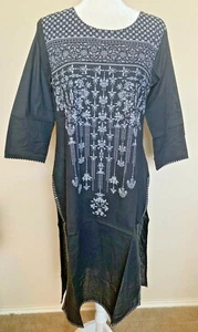 Neu mit Etikett Damen schwarz Baumwolle Kurta Kurti Kameez indisch lang Gr. L leicht bedruckt - Bild 1 von 10
