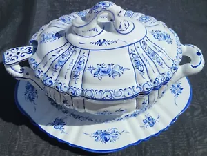 Exquisite!!! Hand Painted PORTUGAL Blue & White SOUP TUREEN w/UNDERPLATE & LADLE - Picture 1 of 11