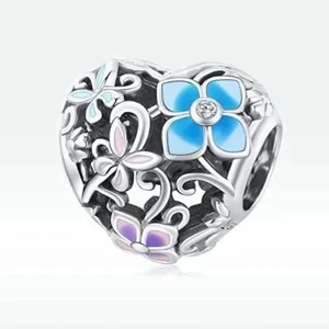 💖 Schmetterling Charm Herz blaue Blumen Mama Tochter 925 Sterling Silber Charm B - Bild 1 von 2