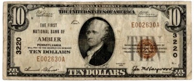1929 T1 $10 First National Bank Ambler Pennsylvania - CH# 3220 SCARCE - Image 1 of 2