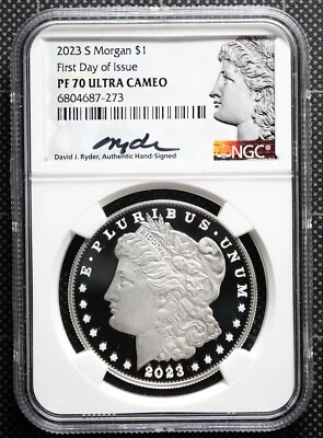 2023 Morgan Silver Dollar NGC PF 70 UCAM FIRST DAY OF ISSUE RYDER SIGNED FDOI - Image 1 of 2