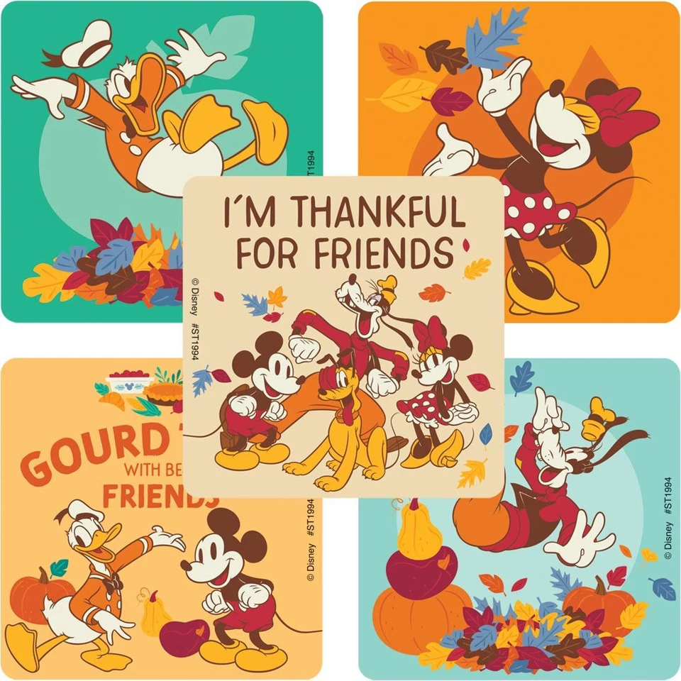 25 наклеек Mickey Mouse Pals Friendsgiving, 2,5 дюйма x 2,5 дюйма ea., подарки для вечеринок - Изображение 1 из 1