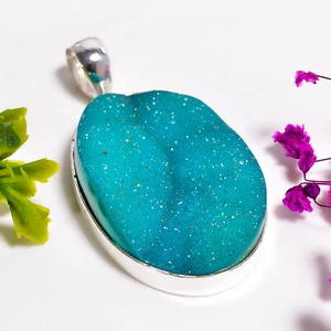 Verde Drusa Gemma Handmade Jewelry.925 Ciondolo Placcato Argento 2 " SUP10700 - Foto 1 di 6