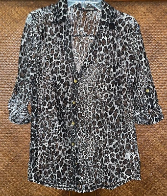 HEARTSOUL SEXY Blusa Feminina Estampa de Leopardo Manga 3/4 Botão-Up veja através de Renda M-G - Imagem 1 de 4