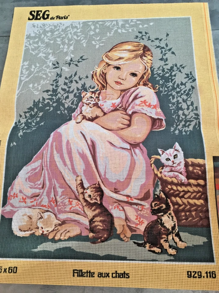 @@**SUPERBE CANEVAS  *60 X 45CM*  SEG - FILLETTE AU CHAT****@@ - Photo 1/1