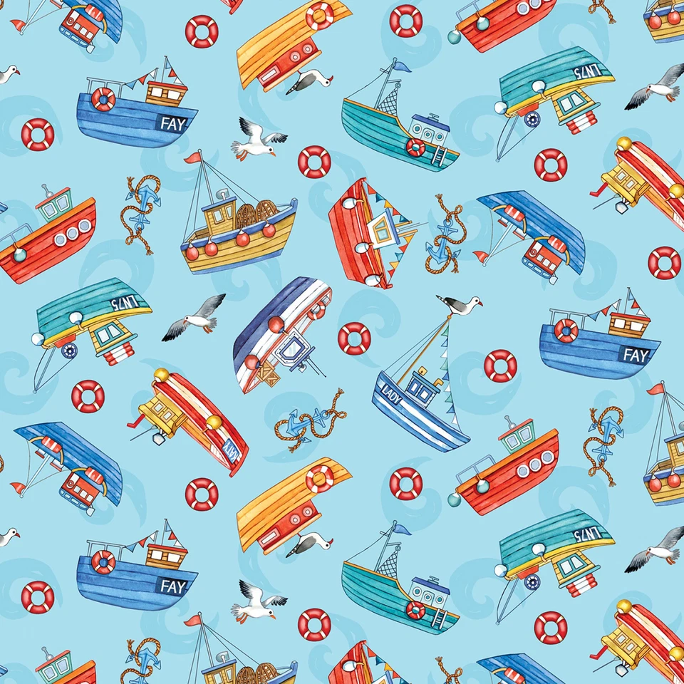 Nautical Fabric | Sea La Vie Boat Bird Anchor Toss Blue | Michael Miller YARD - Image 1 of 1
