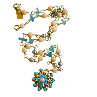 Collar Orly Baruch Piedras Preciosas Coral Turquesa Topacio Azul Genuino Oro Relleno 15" Foto 1 de 4