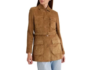 Women’s Tan Suede Long Coat Jacket Military Utility Y2K Fall Street Style Coat - Picture 1 of 13