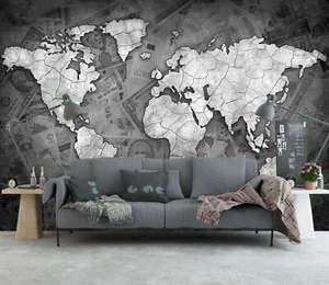 3D Map Gray ZHU009 World Map Wallpaper Wall Mural Removable Self-adhesive - Picture 1 of 5