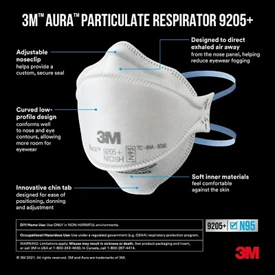 3M Aura Particulate Respirator 9205+ NIOSH N95 Disposable Protective Mask 20x - Image 1 of 4