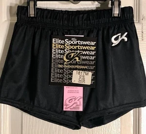 GK Elite BOYS SMALL COMPETITION SHORTS BLACK N/S GYMNASTIC RUNNING GYM Sz CS NWT - Picture 1 of 6