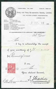 VIGNETTE CINDERELLA 1912 FEE RECEIPT ARMY & NAVY COOPERATIVE SOCIETY / LOOK PIC. - Picture 1 of 1