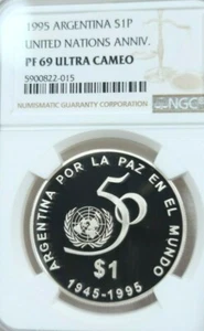 1995 ARGENTINA SILVER 1 PESO S1P UNITED NATIONS NGC PF 69 ULTRA CAMEO TOP POP !! - Picture 1 of 4